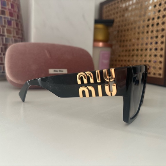 Miu Miu Square Black Sunglasses with Gold Detail - Picture 2 of 10